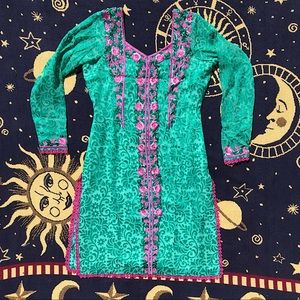 Floral Embroidered Kurti Turquoise & Pink